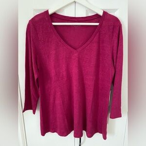 Eileen Fisher NWT 100% Organic Linen Jersey V Neck Box Top 3/4 sleeve  Raspberry